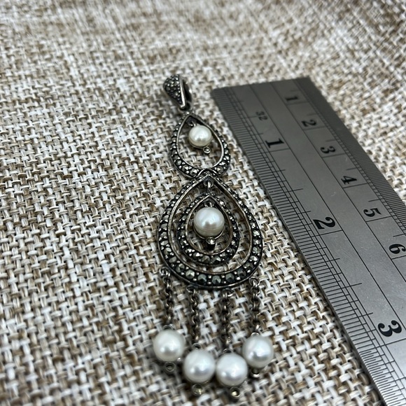 Jewelry - Vintage Suspicion Marcasite & Pearl Pendant 🌟 Sterling Elegance